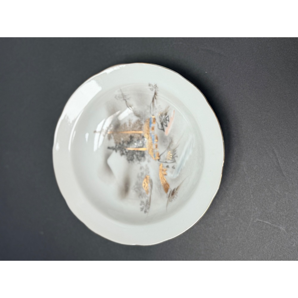 Vintage Japanese Porcelain Painted Plate Winter Landscape Gold Gilt Highlights